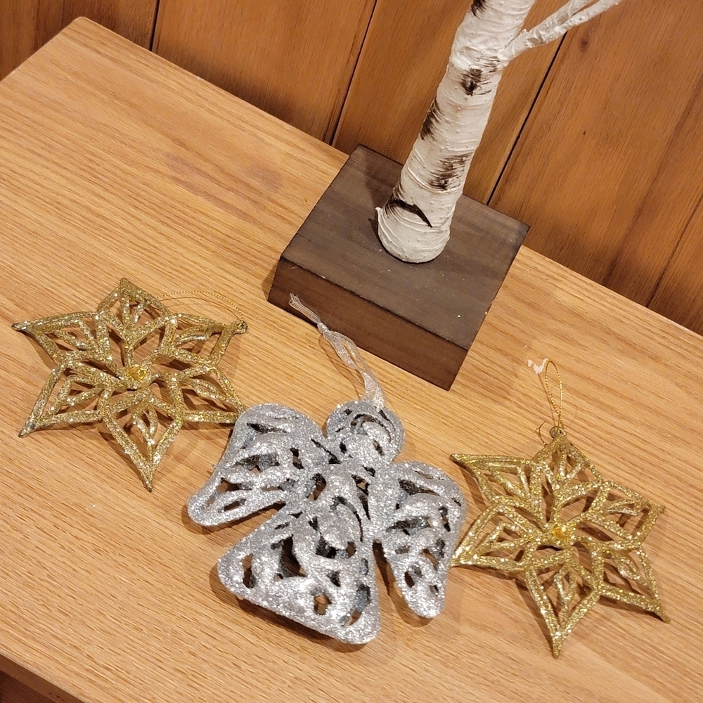 Vintage glitter SNOWFLAKEs and ANGEK 5.5 " Christmas Ornaments Gold Silver